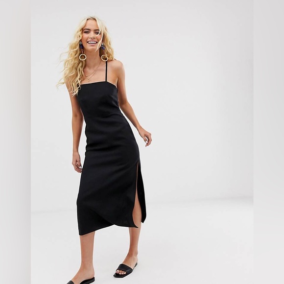 & Other Stories Linen Blend Criss Cross Strap Midi Black Dress - Picture 3 of 10